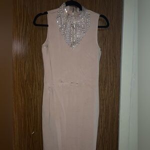 Marciano Champagne Midi Bodycon Dress with Embellished Neckline